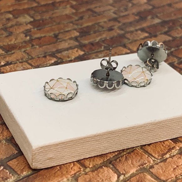 Hand Crafted 12 mm earrings- pink, gold, white - Picture 8 of 16